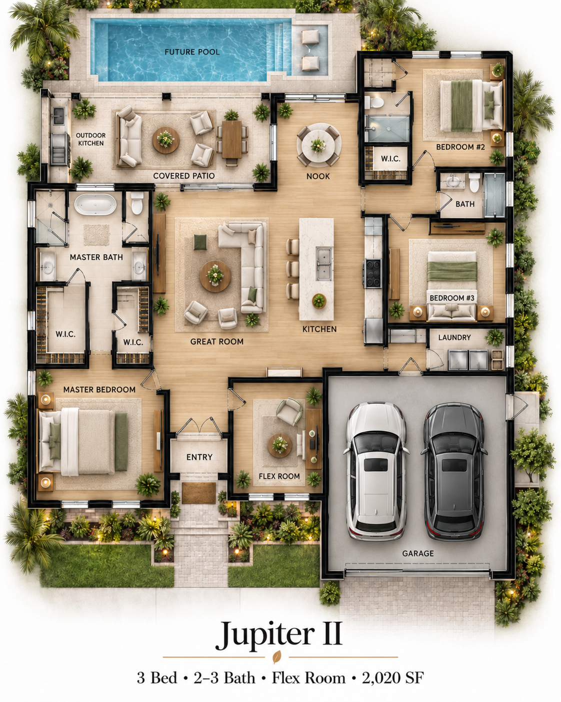Jupiter II rendered floor plan with future pool and outdoor kitchen